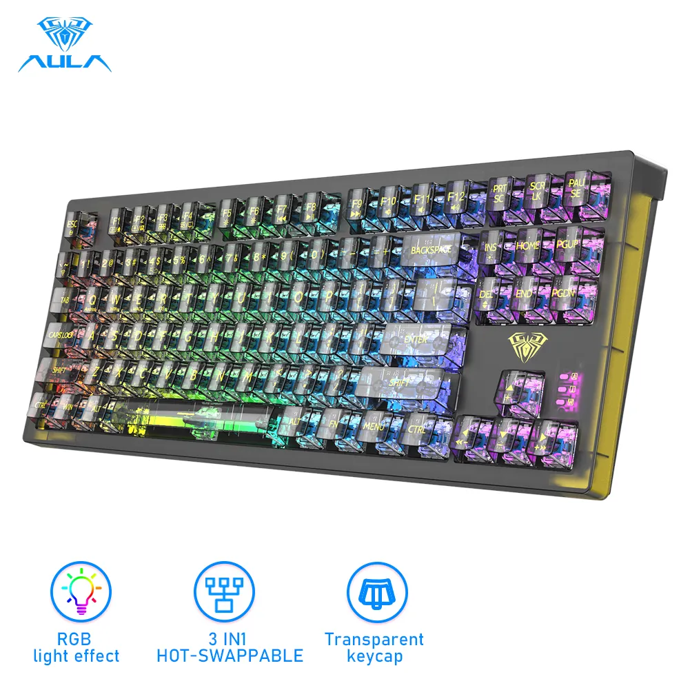 AULA F2183 RGB 87 Keys Hotswap Mechanical Keyboard Bluetooth wired 2 4G Keyboard Transparent Keycap Keyboard